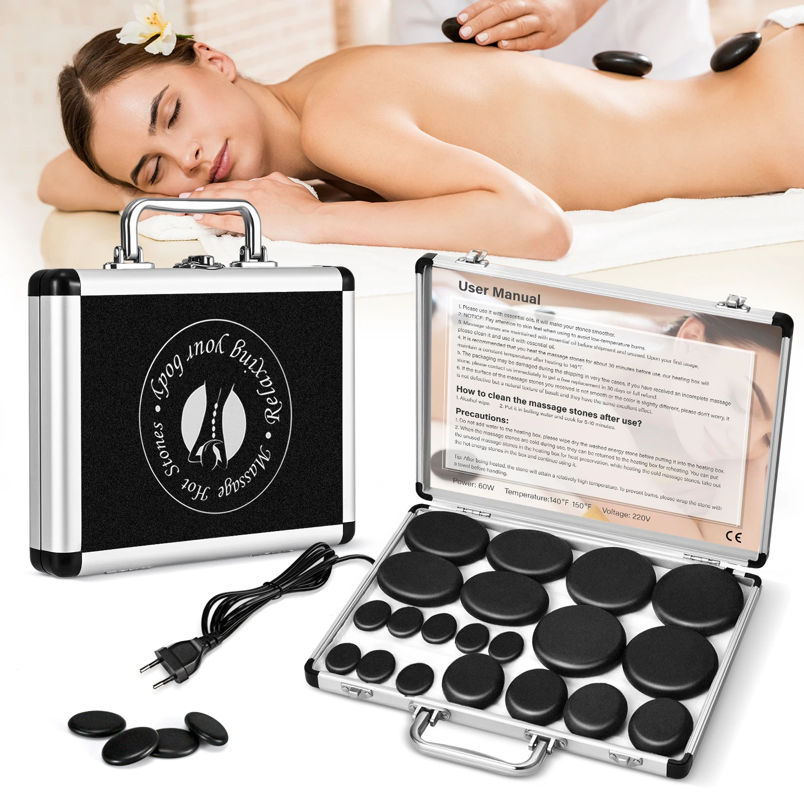 9/12/18/20 pièces ensemble de Massage en pierre chaude boîte chauffante soulager le Stress dos soins de santé lave basalte outil de Massage rond masseur de pierre