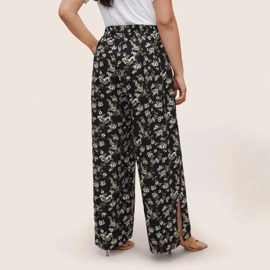 جديد مريح وغير رسمي فضفاض طباعة الأزهار الدانتيل يصل الشق تنحنح السراويل واسعة الساق السراويل الطويلة