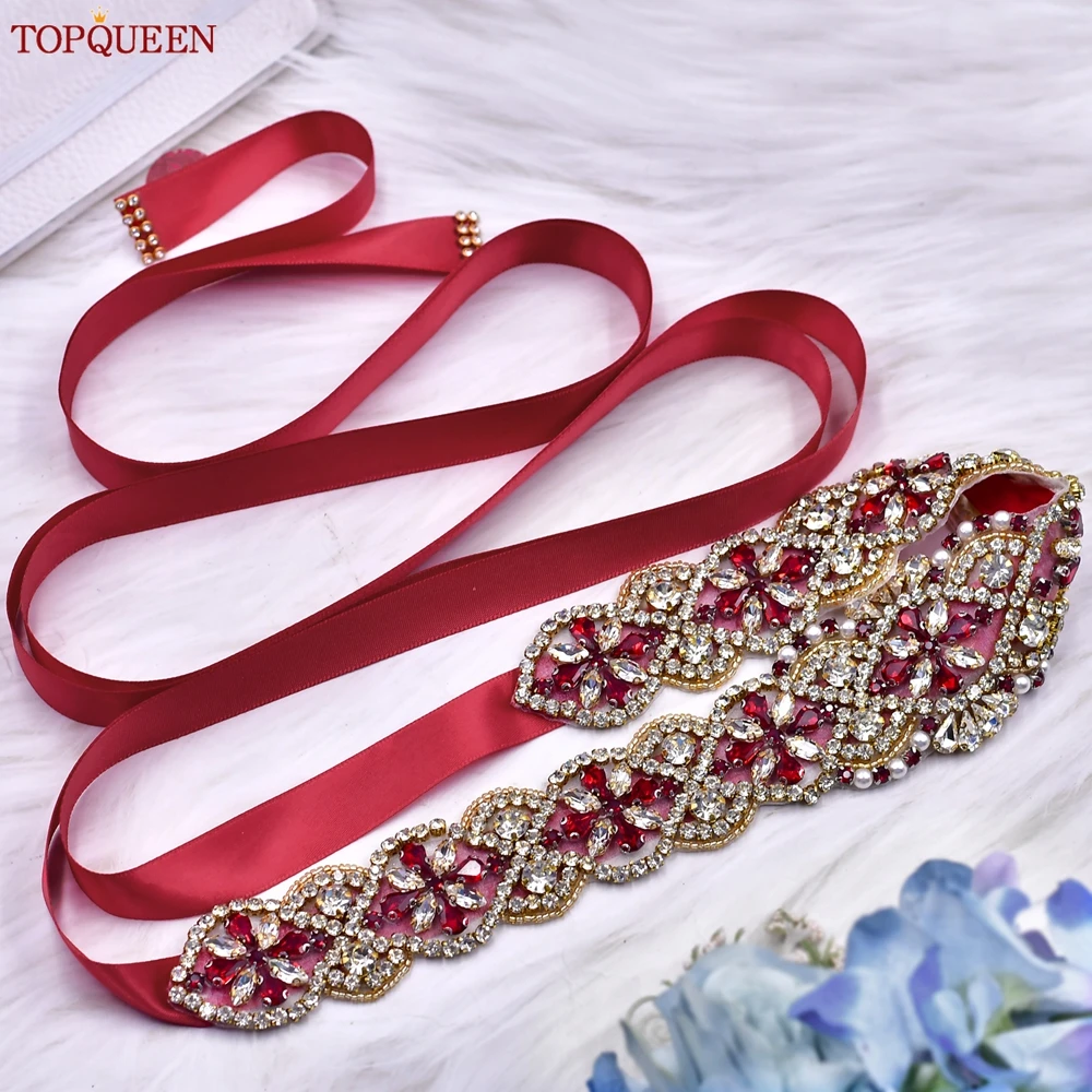 TOPQUEEN Red Rhinestone Bridal Belt Sash Wedding Belt Red Evening Gown Waist Decoration Wedding Accessories Bridesmaid Gift S09