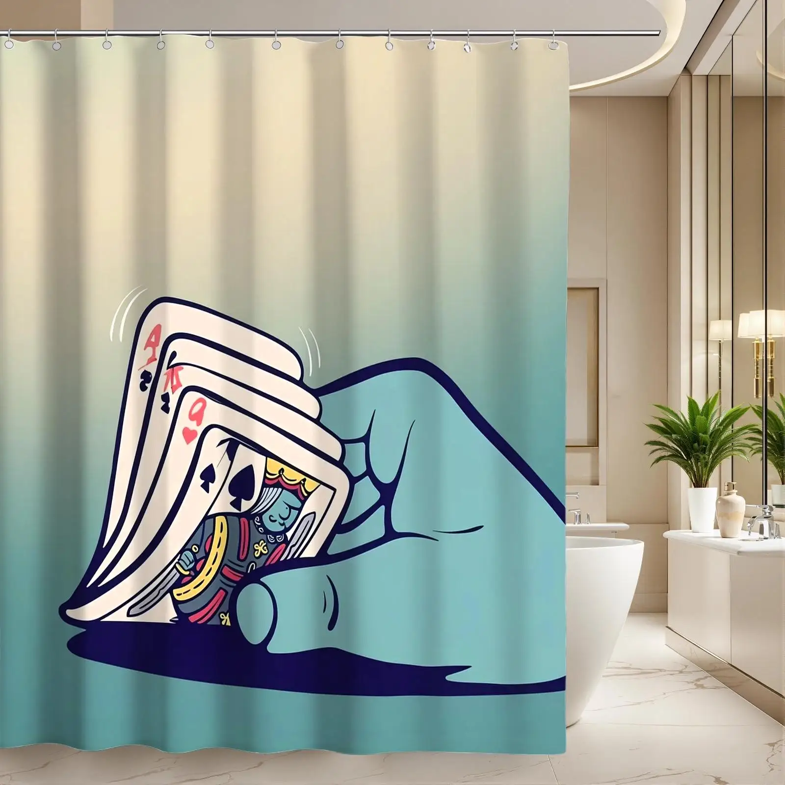 Funny Playing Cards Hand Illustration Bathroom Shower Curtain Novelty Gift for Poker Lovers Game Night Decor