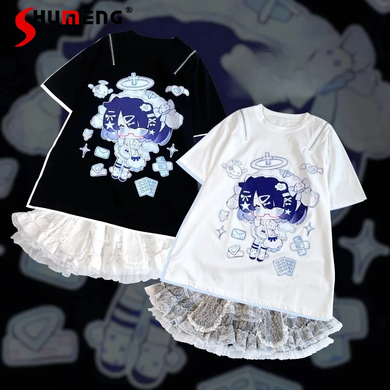 

2026 Summer New Japanese SC Rojita Subculture T-shirt Original Pattern Zipper Off-Shoulder Loose Short Sleeved Pullover Tshirts