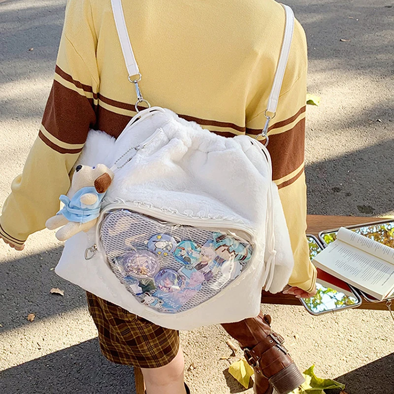 Ita Bag, Rucksack mit Klarsichtfenster, Damenmode-Plüsch-Umhängetasche mit Kordelzug, Leichte Schultasche mit großer Kapazität – Detail 25