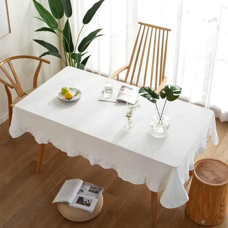 Ruffle 100% Cotton Tablecloth Washed Cotton Simple Solid Color Coffee Wedding party Dining Table Cloth Home Decor