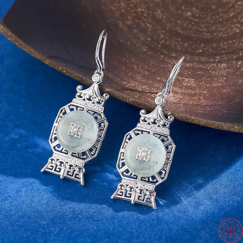 

S925 Sterling Silver Drop Earrings for Women Retro Chinese Peace Knot Jadeite Palace Style Ear-drop Fashion Jewelry Wholesale