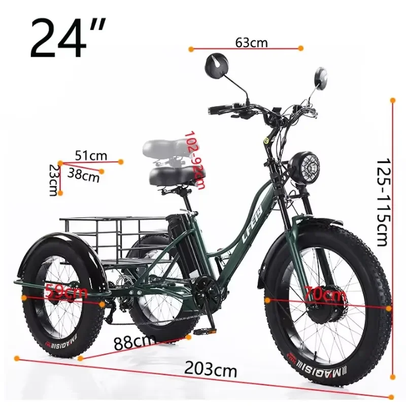 STROVAN USA Warehouse 24 Inch Fat Tire Electric Tricycle for Adults 3 Wheel Electric Bike Removable Battery Cargo Basket