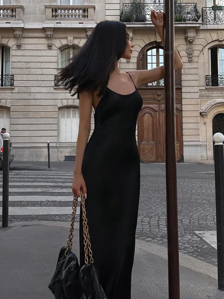 Sexy Solide Satin Backless Sling Kleid Frauen Elegante Ärmel Off Schulter Spaghetti Strap Maxi Kleid Dame Urlaub Party Kleid