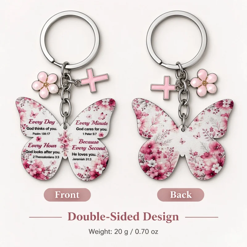 Pink Butterfly Bible Verse Keychain Cross Flower Charm Religious Bag Gift