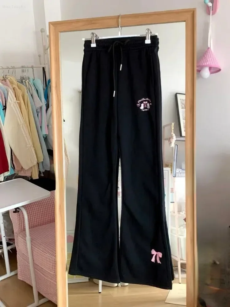 Gray Sweet Elegant Thin Wide Leg Pant Woman Japanese Y2k Aesthetic Drawstring Trousers Harajuku Female Embroidery Chic Bottoms