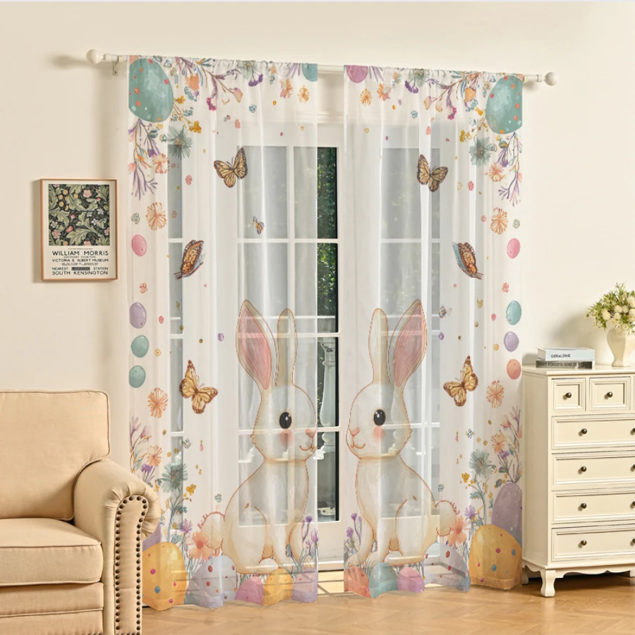2PCS Digital Print Sheer Curtains, White Rabbit in Flower Meadow, Easter Spring Cute for Bedroom Living Room Home Decor