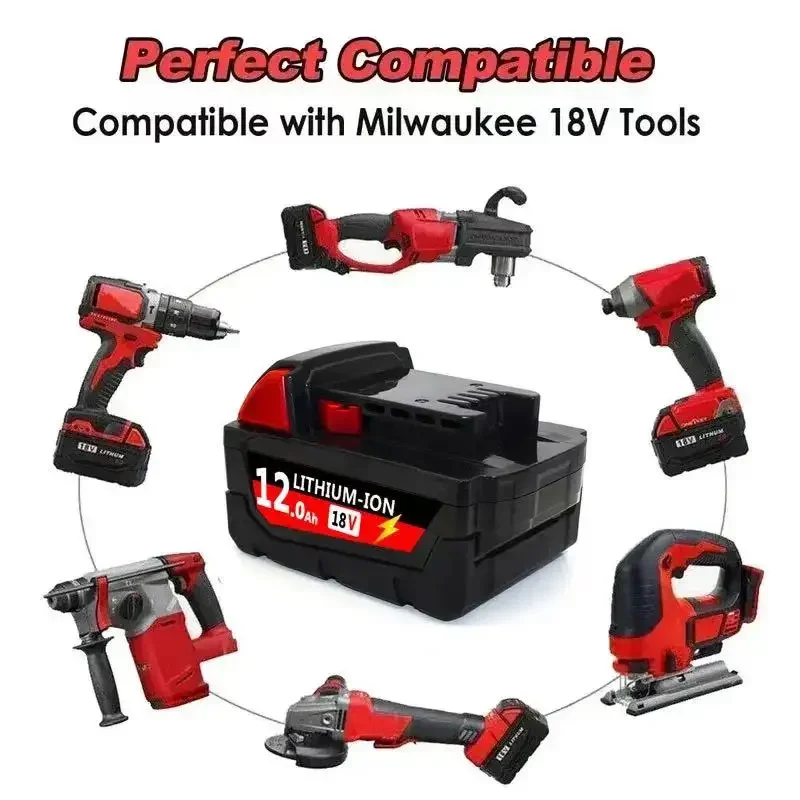 Original For Milwaukee M18 Power Tool Battery, Charger, BR, XC, 18V, 12000mAh M18B5, 48-11-1860, Built-in 21700 Battery