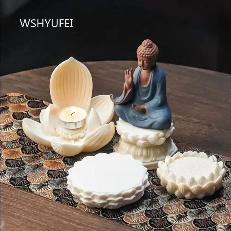 Natural Tagua Nut Buddha Statue with Lotus Base Zen Meditation Figurine and Tealight Candle Holder Set Ivory Buddhist Decor