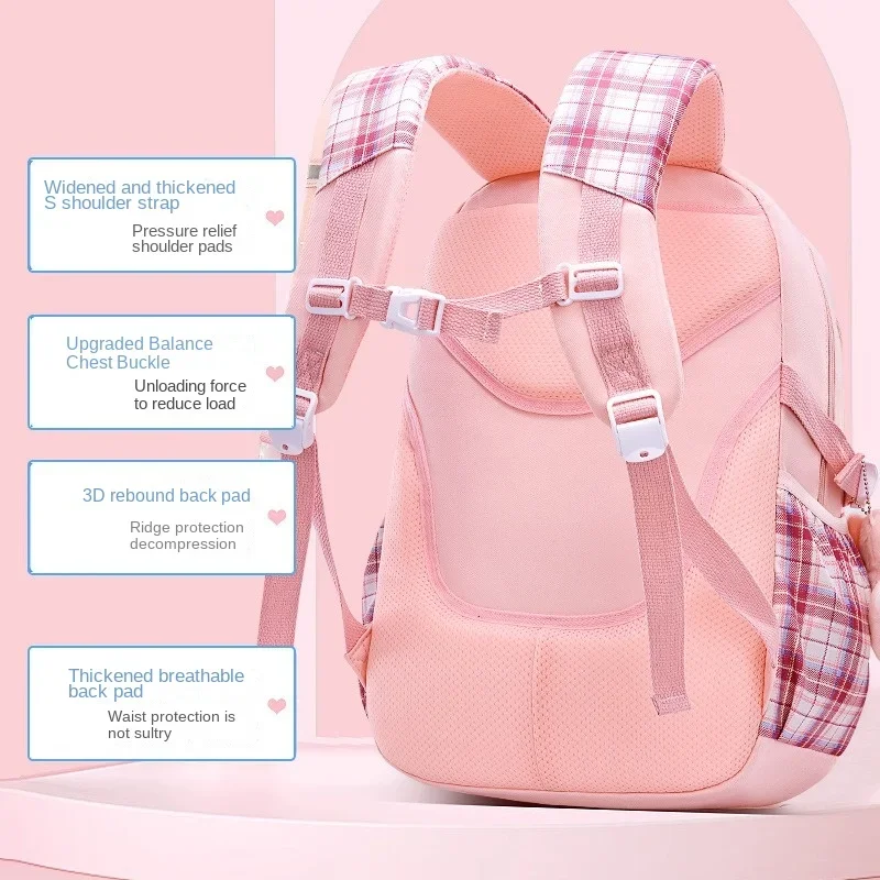 Nueva protección de la columna vertebral, mochila a cuadros para estudiantes de escuela primaria y niñas con gran capacidad, ligera, impermeable, para niños