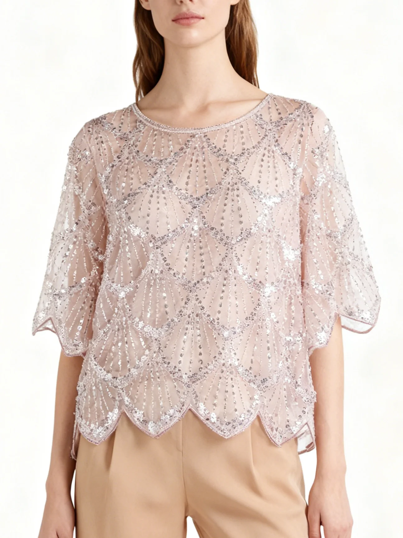 

Ladies' elegant handmade pearl semi transparent top - bright pink short sleeved shirt, versatile for all seasons, holiday party