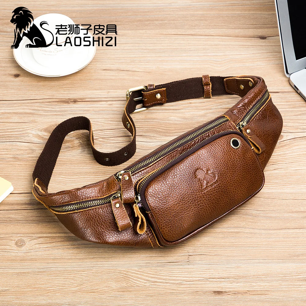 LAOSHIZI Men\'s Genuine Leather Waist Packs Multifunction Fashion Leather Chest Bag Sports Casual Leather Travel Pocket Phone Bag