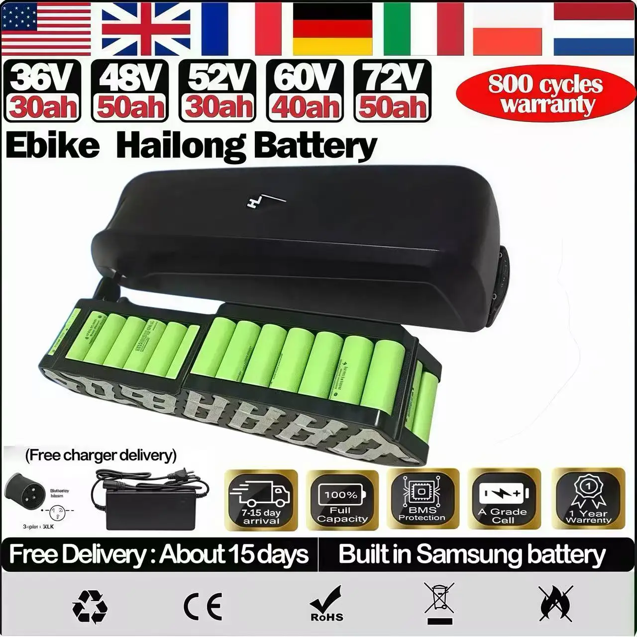 

Hailong Batterie36v 48v 52v 60v 72v 20 24ah 40 50ah 60ah Velo Electrique Ebike Bateria 30ah Cham-rider Akumulator 2000w Battery