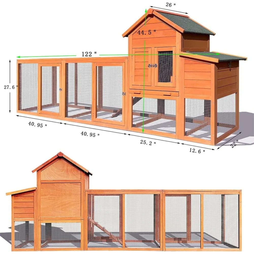 حظيرة دجاج كبيرة مقاس 122 بوصة بيت الدجاجة الخشبي في الفناء الخلفي - قفص الدواجن للحيوانات الأليفة في الحديقة في الفناء الخلفي قفص 2 قصة قفص الدواجن مع