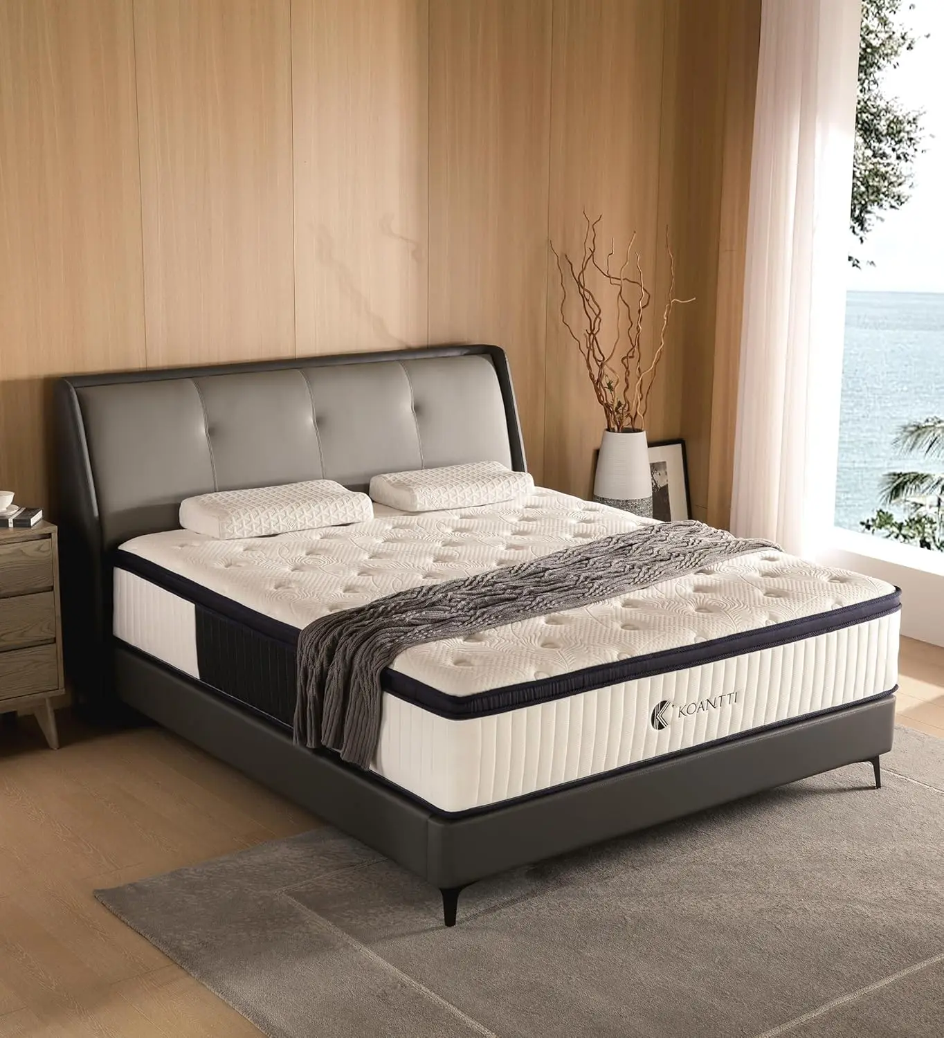 Materassi Queen Size da 14 pollici in una scatola, Materassi ibridi bianchi e neri in memory foam, Limitatore della pressione, Medium Firm.