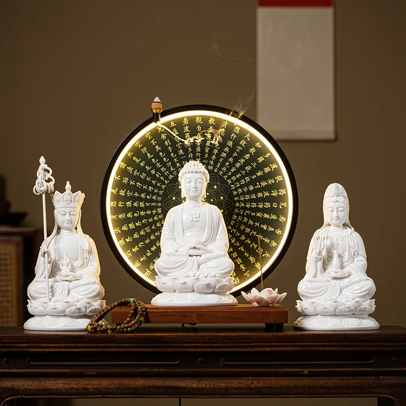 White Porcelain Guanyin Buddha Statue Ceramic Ksitigarbha Bodhisattva Sakyamuni Home Worship Light Decor