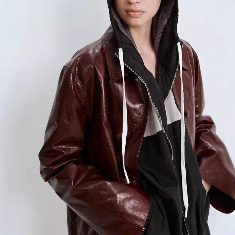 Damen-Jacke aus echtem Leder, leichter und lässiger Retro-Stil, ölgewachstes Schaffell, modisches Revers, weit geschnittener Trenchcoat