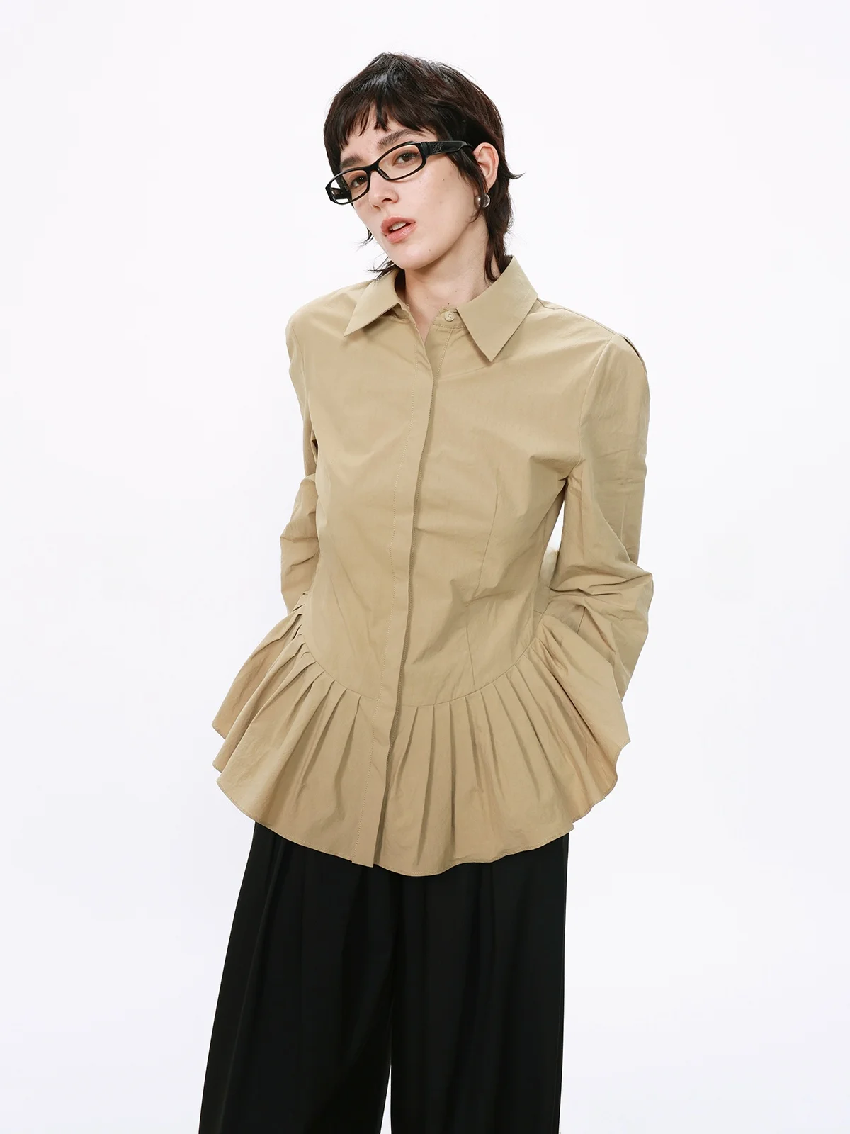 

Elegant Design Slim Fit Long Sleeve Pleated Shirt Stand Collar Style Women's Cotton Casual Shirt Elegant Style Shape Shirt