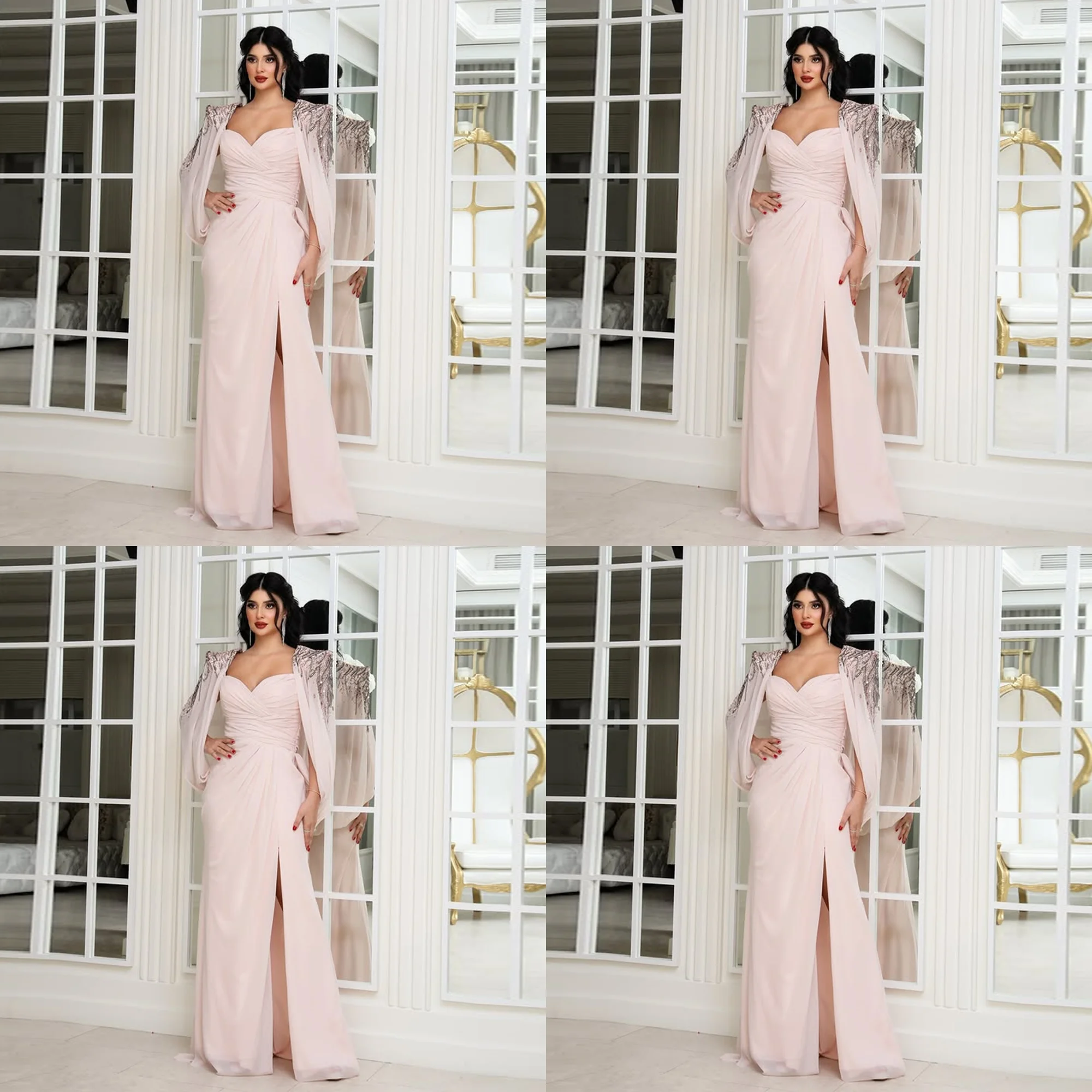 

Fantastic Custom Off Shoulder Chiffon Pleated A-line Side Split Evening Party Dress Backless Floor Length Prom Gown with Cape