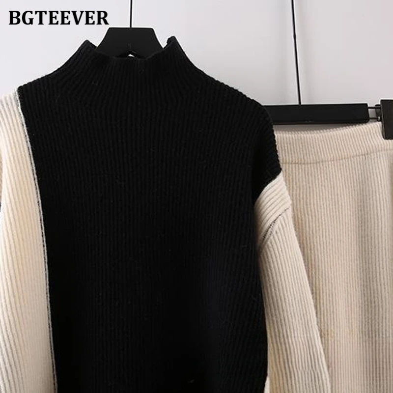 BGTEEVER Stylish Patchwork Sweater Set Women Turtleneck Pullovers Ladies Straight Skirts Winter Warm Knitted Outfits Women