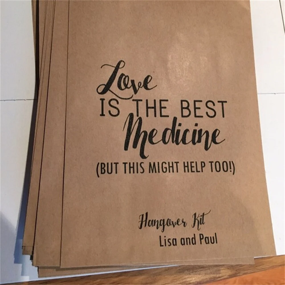 50pcs Wedding Hangover Kit Bags! - Love is the Best Medicine - Favor Bags - Custom Printed on Kraft Brown Paper Bags