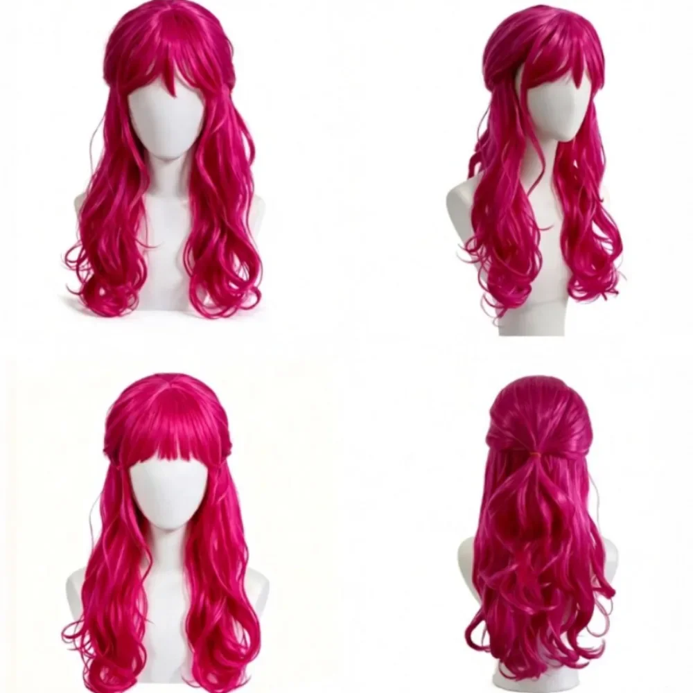 Red Blue Long Curly Synthetic Wig with Double Ponytail Women Fluffy Wavy Cosplay Wig for Halloween Party Costume Accessory