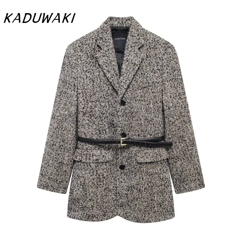 KADUWAKI Retro Lapel Long Sleeve Gray Textured Coat Classic Loose Commuter Versatile Blazer with Belt Куртка Женская С Капюшоном