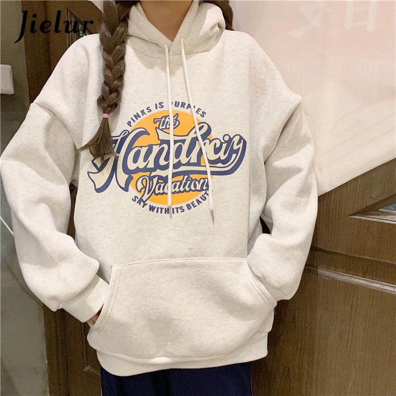 

Winter Fleece Printed Women Hoodies Pocket Hooded Sweatshirt Female Chic Classic Loose Cool White Gray Black Pullover M-XL