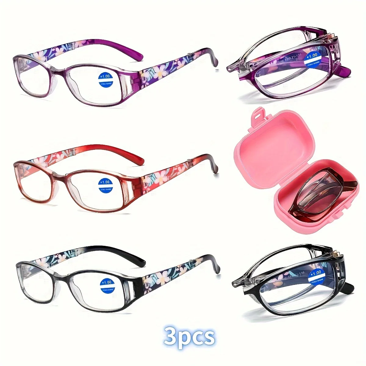 3 Pairs Floral Pattern Reading Glasses Stylish Blue Light Blocking Folding Reading Glasses Small Folding Readers for Women Men