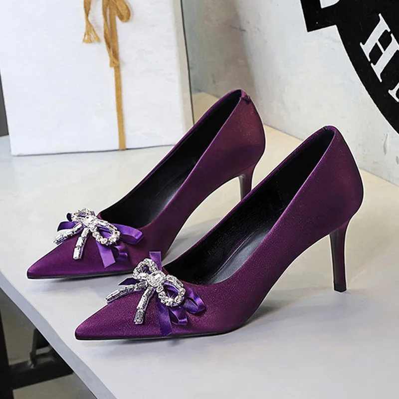 BIGTREE CRYSTAL Diamond Butterfly-knot Satin Pointed Toe Women's Pumps Sexy Thin High Heels Party Prom Mule Shoes