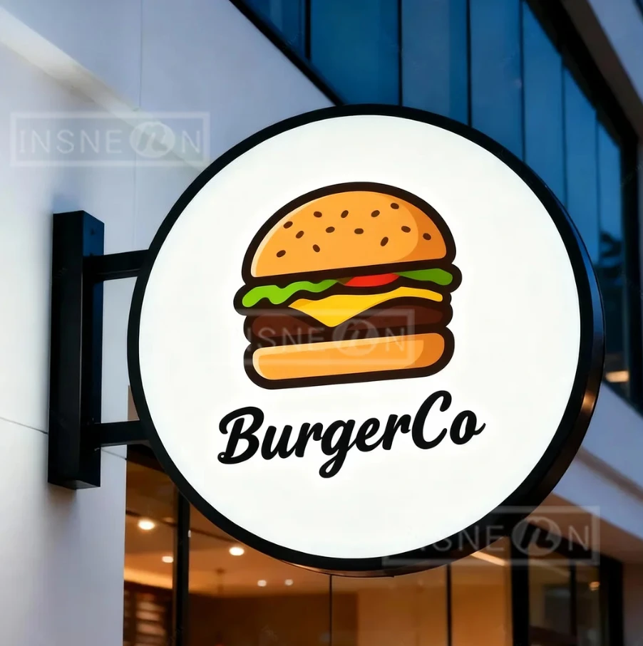 

Custom Double Sided BurgerCo Sign Box – LED Blade Light for Storefront Outdoor Business Signage Illuminated Round Hamburger Logo