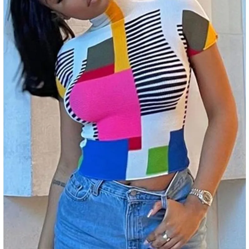 

Krisnanas Half Turtleneck Geometric Print T-shirt for Women 2025 Y2K Colorful Short Sleeve Slim Fit Chic Pullover Tops 106521