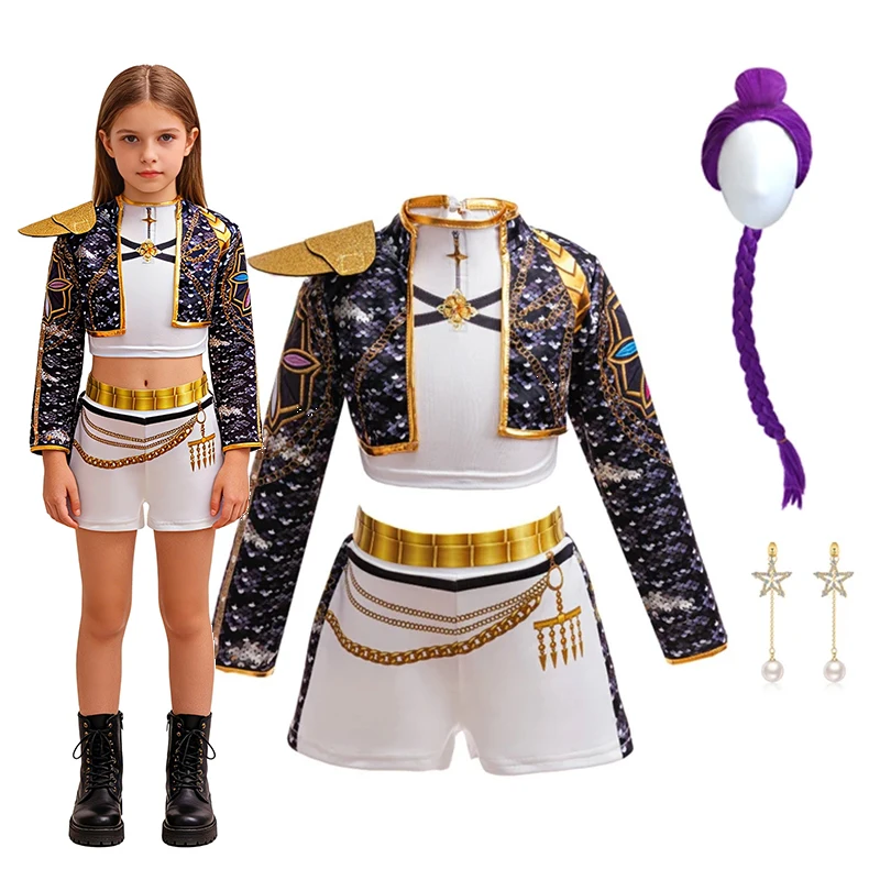 Conjunto de Chaqueta Corta con Ribete Dorado y Pantalones Cortos Blancos para Niñas, Estilo Hip-Hop, Impresión 3D, Incluye Peluca y Pendientes, Traje para Actuaciones y Cosplay en Escenario