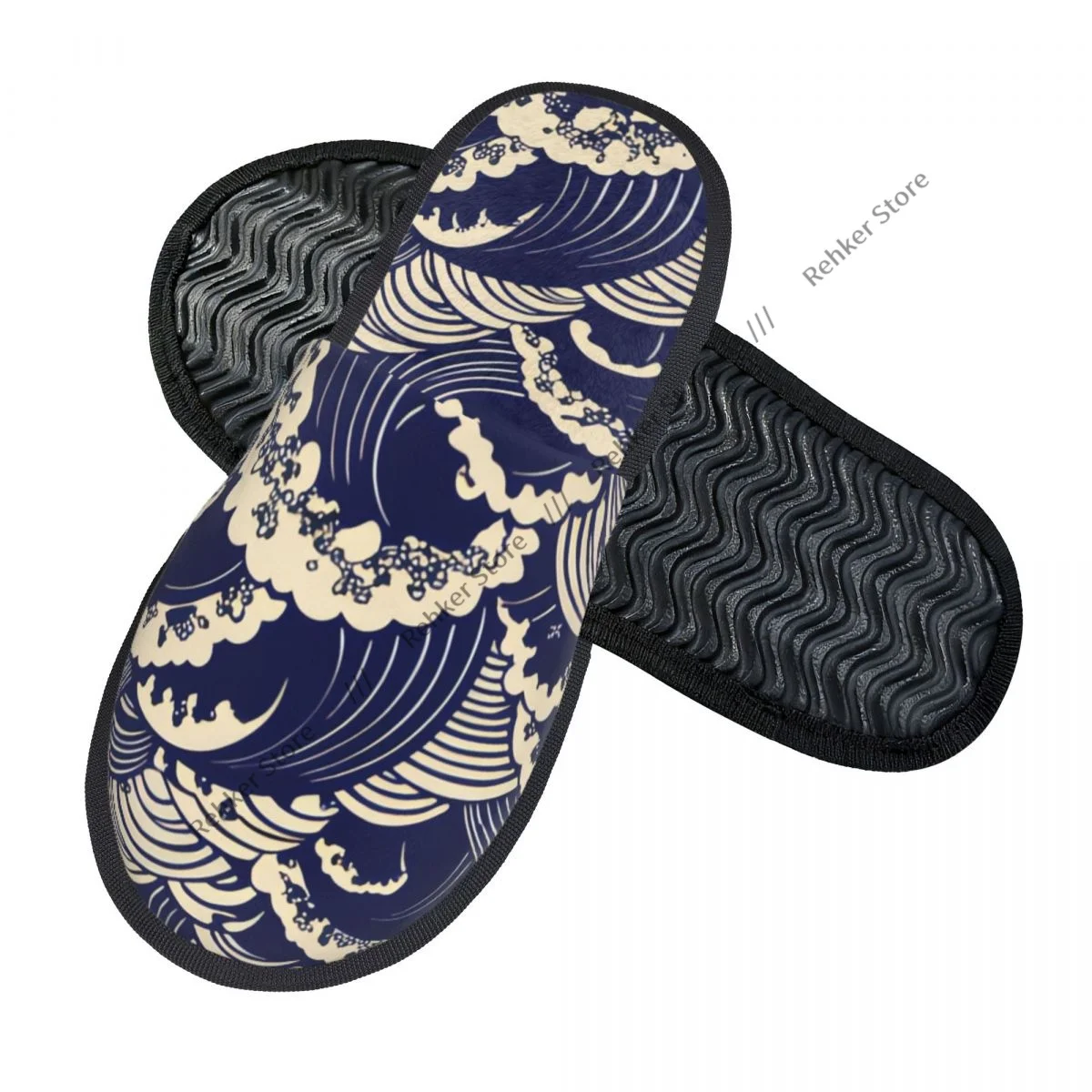 Classic Japanese Wave Pattern Indoor Slippers Furry Slipper Winter Home Shoes House Flat Closed Toe Slides Flip Flops