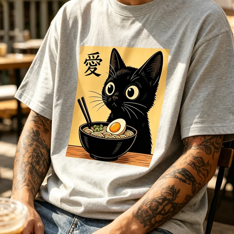 Japanese Ukiyo-e Style Black Cat Ramen Bowl Graphic T Shirt Vintage Anime Art Casual Cotton Tee Unisex Harajuku Y2k Top