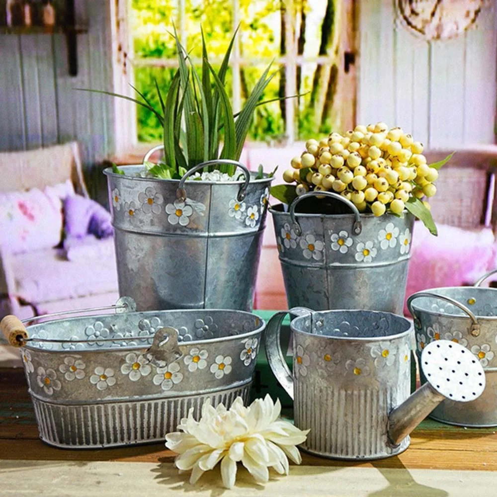 Embossed Wrought Hanging Storage Bucket Succulent Planting Flower Pot Vintage Iron Flowerpot