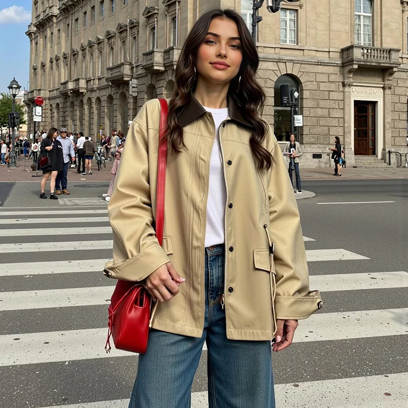 

Women's Clothing Cargo Jacket Trendy Workwear Long Sleeves Fitted Waist Trench Coat Outerwear Tops Spring Autumn New Pockets