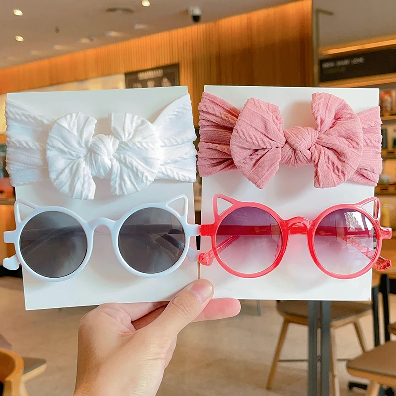 2 Pcs/Set New Children Cute Colorful Soft Bowknot Wide Hairbands Cat Ears Sunglasses Boys Girls Headwear Kids Hair Accessories