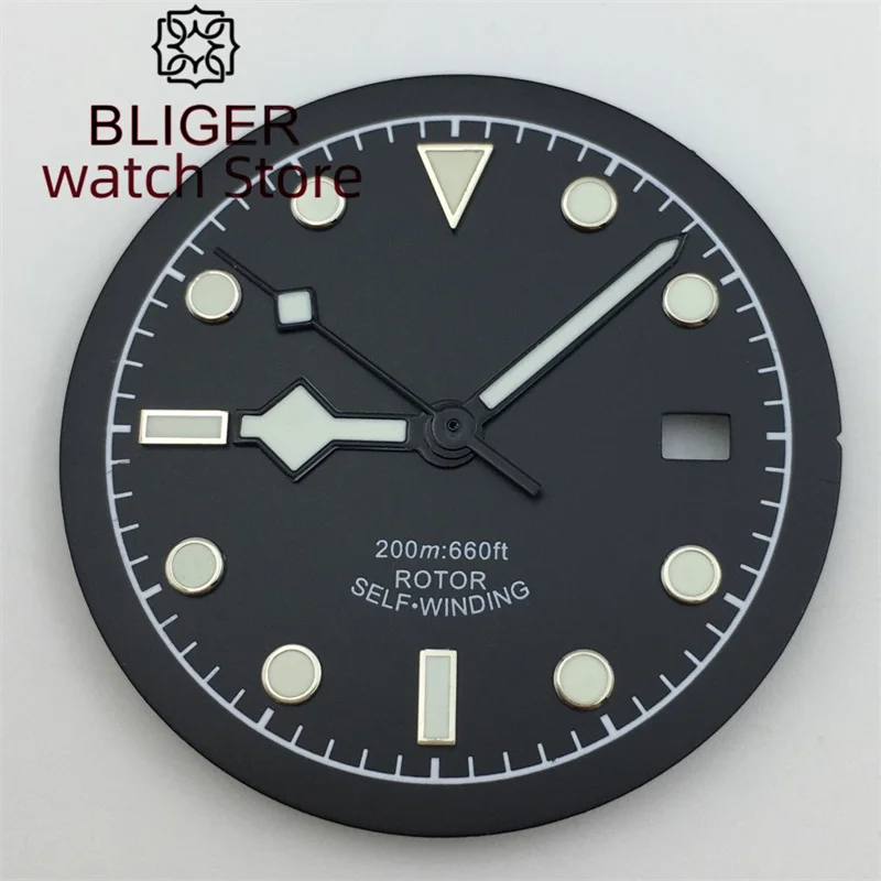 BLIGER/ Custom Logo NH35 Dial 33.5mm luminous black dial with Hands fit NH35 NH36 PT5000 ETA2836 2824 Miyouta DG series movement