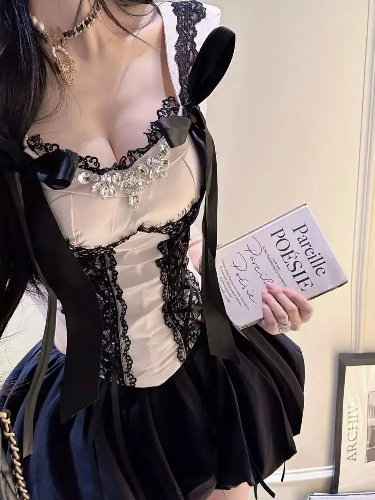 

Летний французский винтажный элегантный комплект из 2 предметов: женский кружевной топ без бретелек + шикарная юбка, повседневная корейская модная одежда для женщин