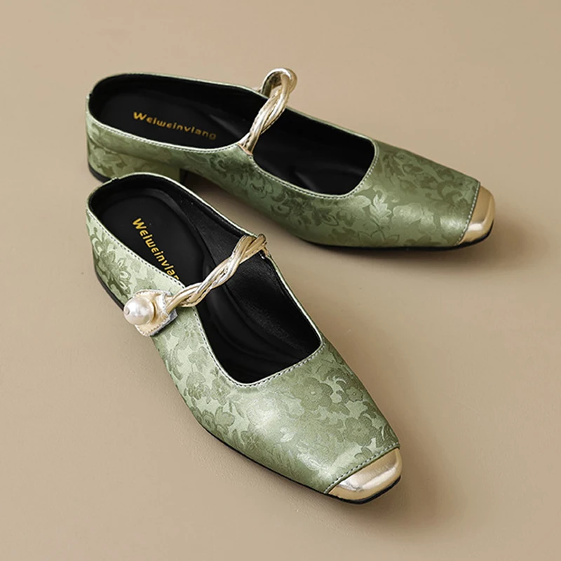 

Роскошные туфли-лодочки, женские шлепанцы с закрытым носком, неглубокие тапочки, модные сандалии на массивном каблуке, шелковые туфли без шнуровки, оверсайз, зеленый абрикос