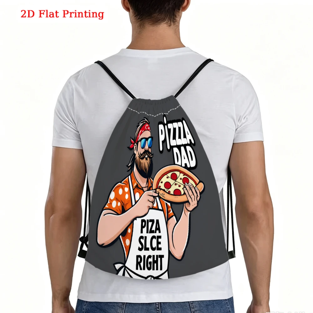 2D Flat Printing, Drawstring Backpack, Funny Pizza Dad Cartoon Graphic, Gym Sports Backpack, Outdoor Travel Drawstring Bag