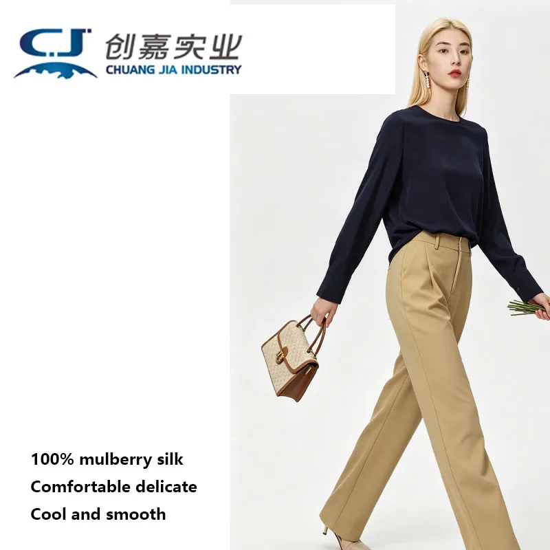 High-end Silk Ladies Spring and Summer Long Sleeve T-shirt Heavy Wrinkle Mulberry Silk Black Blouse Simple Casual Large Size 3XL
