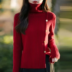 Autumn/Winter Women's Cashmere Sweater Fashion High Collar Sweater Drawstring Cashmere Sweater with Buckle Knitted pullover