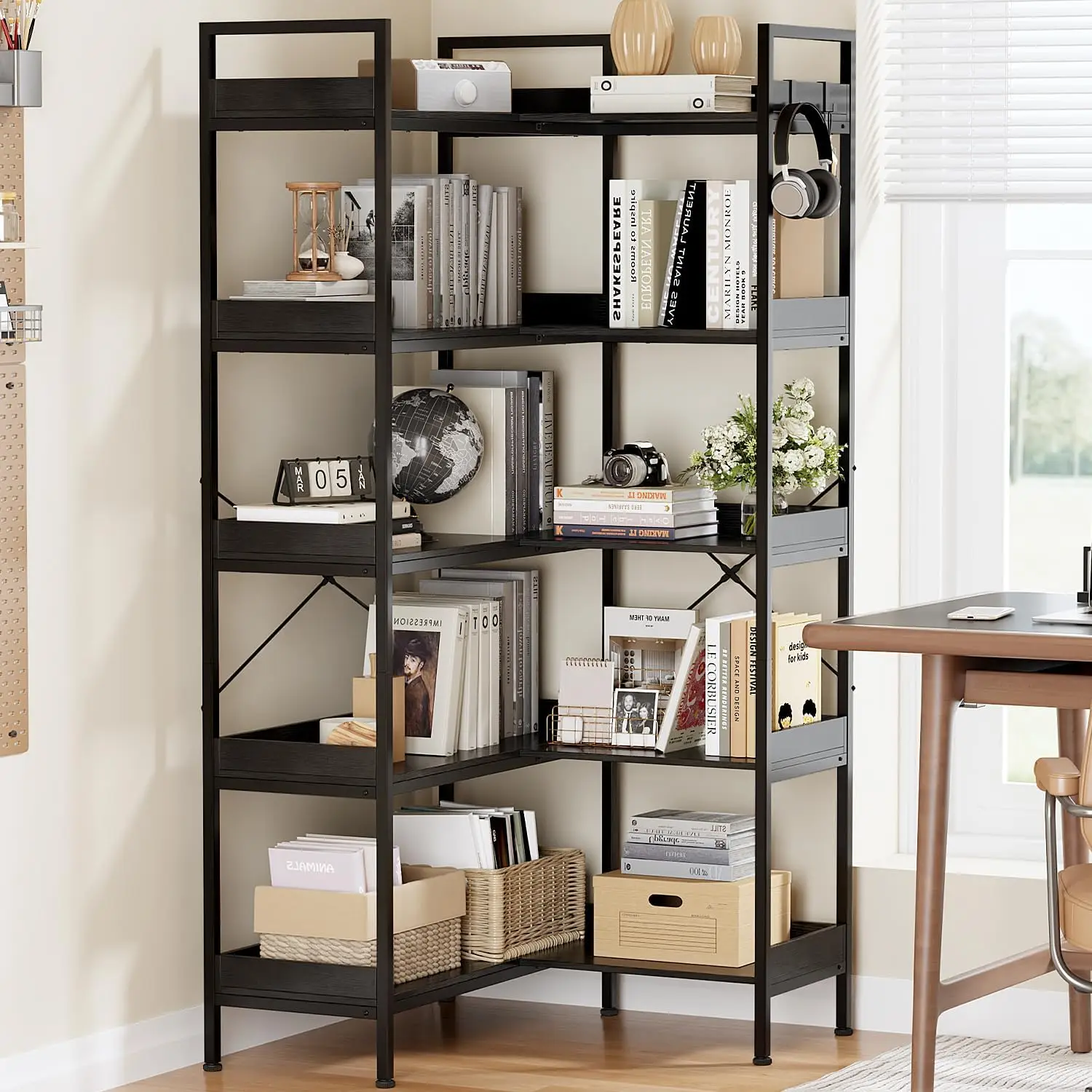 5 Tier L Shaped Corner Bookshelf with 4 Hooks, Reversible Industrial Bookcase Wood and Metal Frame, 65 Inch Display Storage Rack for Living Room