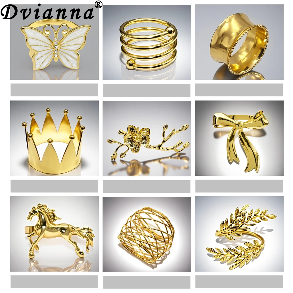 6Pcs Gold Napkin Rings Butterfly Bows Horse Napkin Holders Orchid Crown Serviette Buckles for Wedding Party Dinner Table Decor