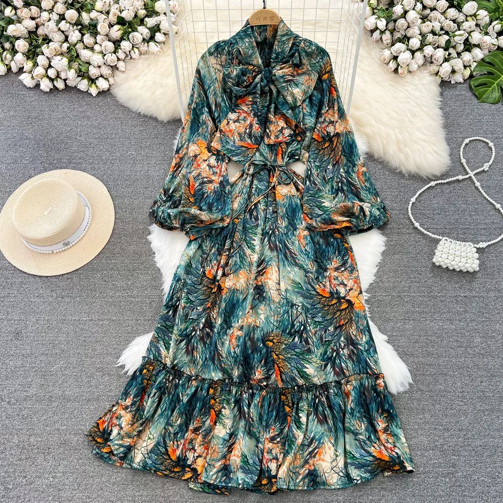 Spring Autumn Vintage Style Floral Print Dress Women Bow Tied Collar Lantern Sleeve Lace-up Slim Waist A Line Long Holiday Dress