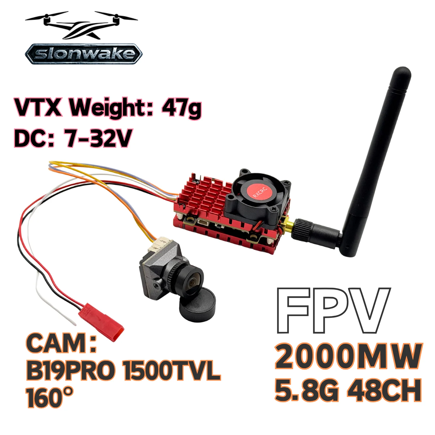 SLONWAKE  FPV System Wide Voltage 5.8G 48CH 2000mw transmitter B19pro camera with 7 inch IPS DVR display for FPV Racing Drone